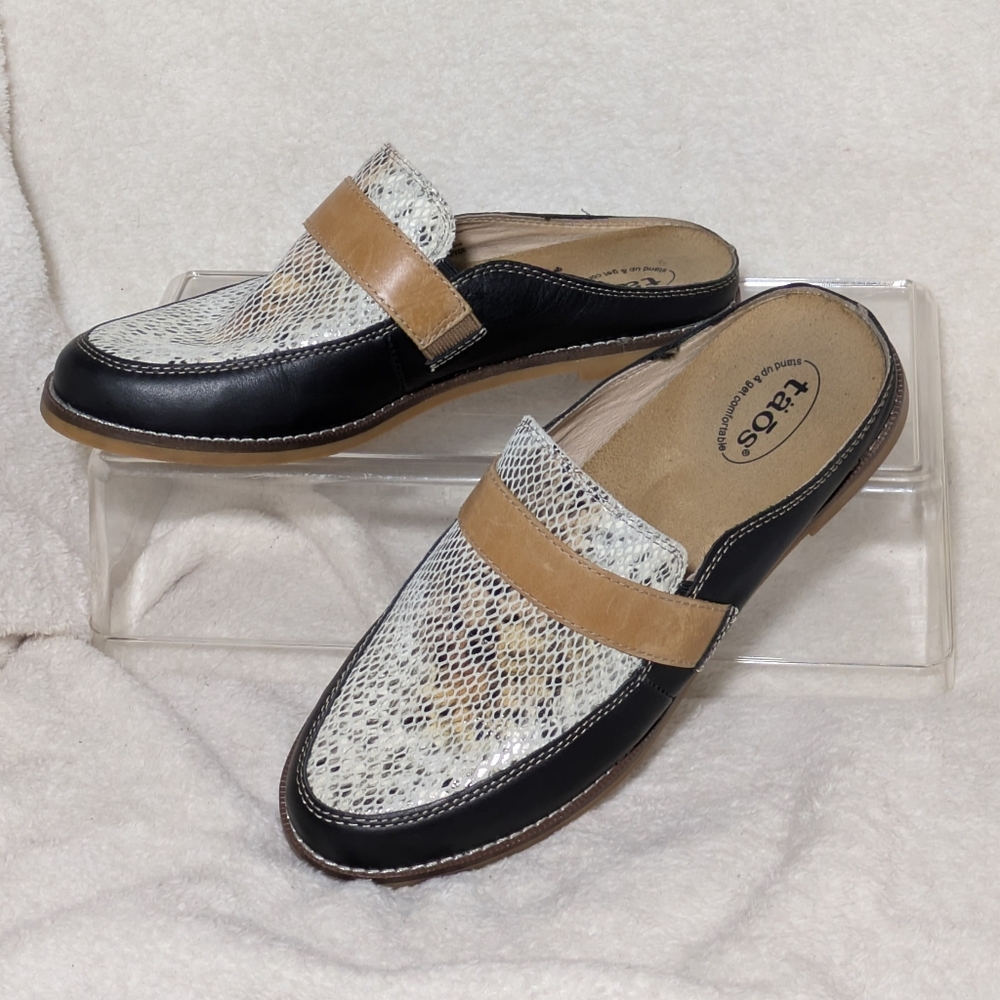 Women's‎ EUC Taos Royal Flat Mules Black/Tan Snake, Leather Upper, Sz 8